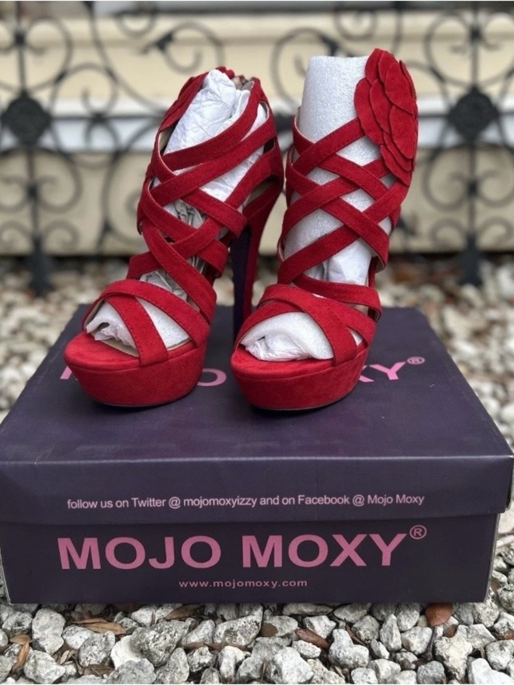 Mojo Moxy Red Strappy Platform Heels with Floral Accent